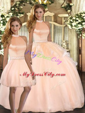 Excellent Floor Length Backless Quince Ball Gowns Peach for Sweet 16 and Quinceanera with Beading
