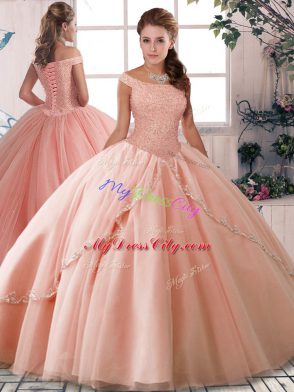 Modest Peach Ball Gowns Beading 15 Quinceanera Dress Lace Up Tulle Sleeveless