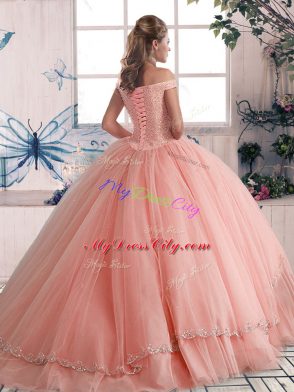 Modest Peach Ball Gowns Beading 15 Quinceanera Dress Lace Up Tulle Sleeveless