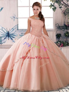 Modest Peach Ball Gowns Beading 15 Quinceanera Dress Lace Up Tulle Sleeveless