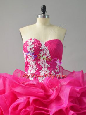 Hot Pink Sweetheart Lace Up Appliques and Ruffles Quince Ball Gowns Sleeveless