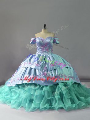 Trendy Organza Off The Shoulder Sleeveless Chapel Train Lace Up Embroidery and Ruffles Quinceanera Dress in Blue