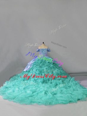 Trendy Organza Off The Shoulder Sleeveless Chapel Train Lace Up Embroidery and Ruffles Quinceanera Dress in Blue