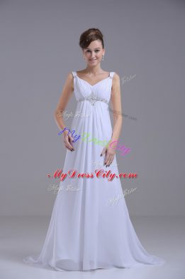 Nice White Wedding Gown Chiffon Brush Train Sleeveless Beading