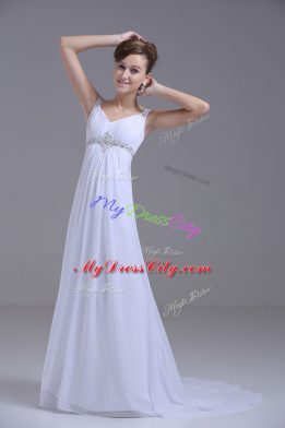 Nice White Wedding Gown Chiffon Brush Train Sleeveless Beading