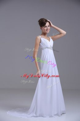 Nice White Wedding Gown Chiffon Brush Train Sleeveless Beading