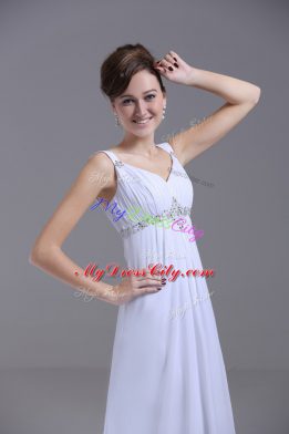 Nice White Wedding Gown Chiffon Brush Train Sleeveless Beading