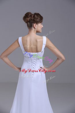 Nice White Wedding Gown Chiffon Brush Train Sleeveless Beading