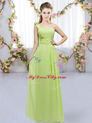Pretty Yellow Green Empire Chiffon One Shoulder Sleeveless Hand Made Flower Floor Length Lace Up Wedding Guest Dresses