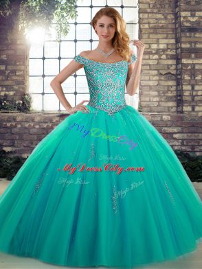 Turquoise Sleeveless Beading Floor Length Quinceanera Dresses