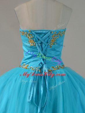 Sleeveless Tulle Floor Length Lace Up 15 Quinceanera Dress in Blue with Beading