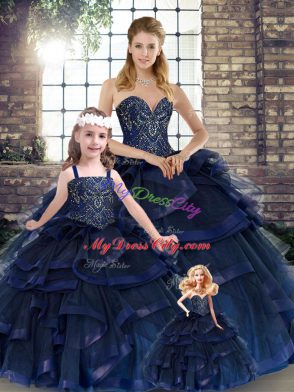 Tulle Sweetheart Sleeveless Lace Up Beading and Ruffles 15 Quinceanera Dress in Navy Blue