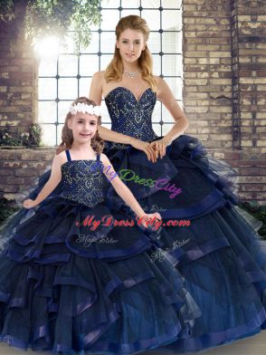 Tulle Sweetheart Sleeveless Lace Up Beading and Ruffles 15 Quinceanera Dress in Navy Blue