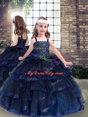 Tulle Sweetheart Sleeveless Lace Up Beading and Ruffles 15 Quinceanera Dress in Navy Blue