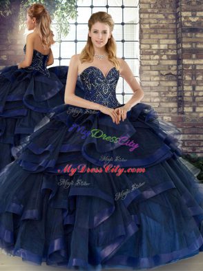 Tulle Sweetheart Sleeveless Lace Up Beading and Ruffles 15 Quinceanera Dress in Navy Blue