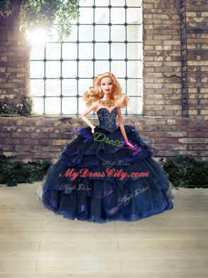 Tulle Sweetheart Sleeveless Lace Up Beading and Ruffles 15 Quinceanera Dress in Navy Blue