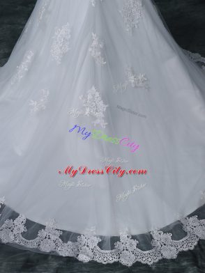 Attractive White V-neck Backless Lace Wedding Gowns Brush Train Sleeveless