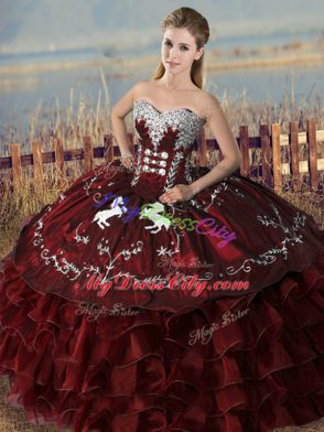 Wonderful Burgundy Ball Gowns Sweetheart Sleeveless Satin and Organza Floor Length Lace Up Embroidery and Ruffles Ball Gown Prom Dress