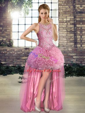 Rose Pink Fabric With Rolling Flowers Lace Up Scoop Sleeveless Floor Length Quinceanera Dress Beading