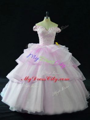 Suitable Sleeveless Beading and Ruffled Layers Lace Up Quinceanera Gowns with Lilac Brush Train