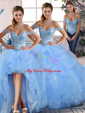 Vintage Floor Length Blue Sweet 16 Dress Tulle Sleeveless Beading and Ruffles