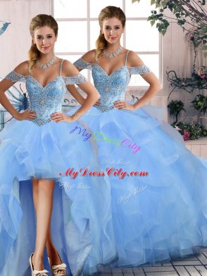 Vintage Floor Length Blue Sweet 16 Dress Tulle Sleeveless Beading and Ruffles