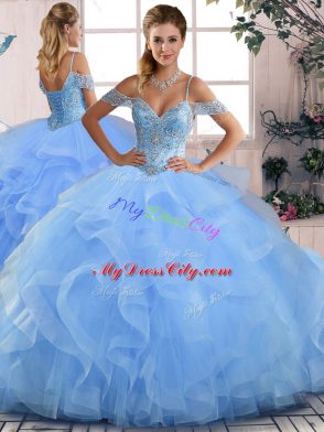 Vintage Floor Length Blue Sweet 16 Dress Tulle Sleeveless Beading and Ruffles