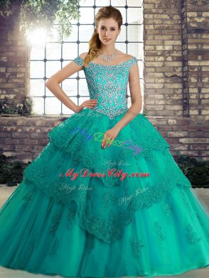 Glittering Lace Up Quinceanera Dresses Turquoise for Military Ball and Sweet 16 and Quinceanera with Beading and Lace Brush Train