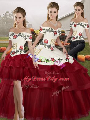 Attractive Wine Red Three Pieces Embroidery and Ruffled Layers Sweet 16 Dresses Lace Up Tulle Sleeveless