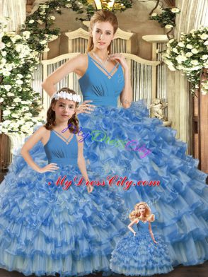 Blue Quinceanera Gown Sweet 16 and Quinceanera with Ruffled Layers and Ruching V-neck Sleeveless Backless