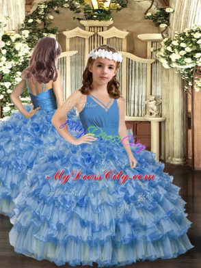 Blue Quinceanera Gown Sweet 16 and Quinceanera with Ruffled Layers and Ruching V-neck Sleeveless Backless