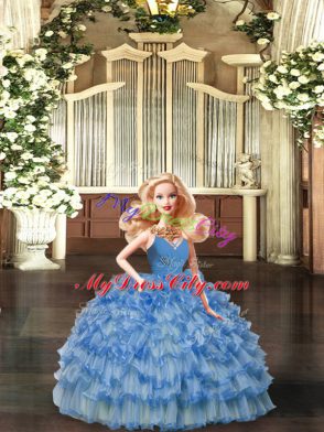 Blue Quinceanera Gown Sweet 16 and Quinceanera with Ruffled Layers and Ruching V-neck Sleeveless Backless