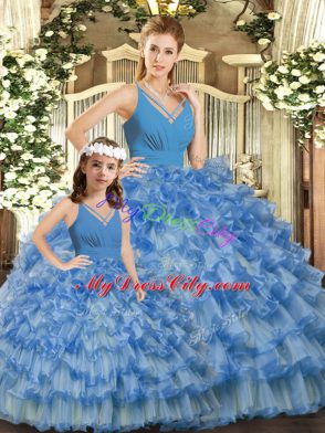 Blue Quinceanera Gown Sweet 16 and Quinceanera with Ruffled Layers and Ruching V-neck Sleeveless Backless