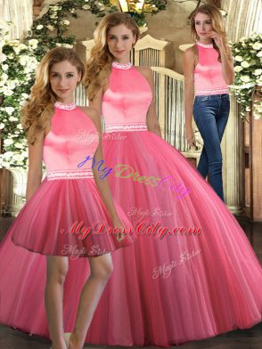 Beauteous Floor Length Coral Red 15 Quinceanera Dress Tulle Sleeveless Beading
