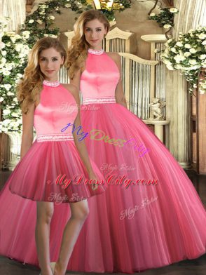 Beauteous Floor Length Coral Red 15 Quinceanera Dress Tulle Sleeveless Beading