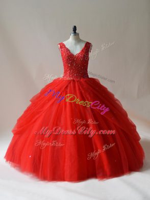 Floor Length Red Ball Gown Prom Dress Tulle Sleeveless Beading
