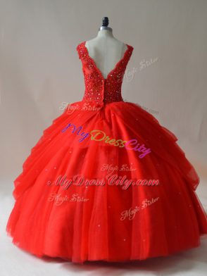 Floor Length Red Ball Gown Prom Dress Tulle Sleeveless Beading