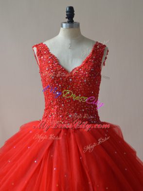Floor Length Red Ball Gown Prom Dress Tulle Sleeveless Beading
