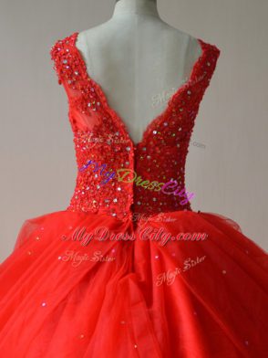 Floor Length Red Ball Gown Prom Dress Tulle Sleeveless Beading