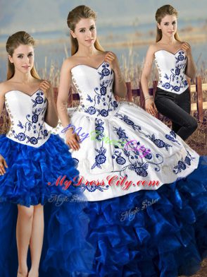 Popular Blue And White Sweetheart Neckline Embroidery and Ruffles Quinceanera Dress Sleeveless Lace Up