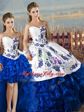 Popular Blue And White Sweetheart Neckline Embroidery and Ruffles Quinceanera Dress Sleeveless Lace Up