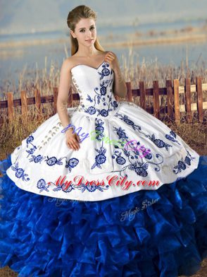 Popular Blue And White Sweetheart Neckline Embroidery and Ruffles Quinceanera Dress Sleeveless Lace Up