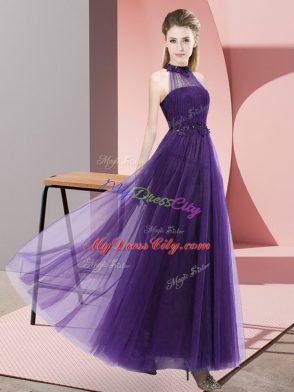 Floor Length Purple Bridesmaid Gown Halter Top Sleeveless Lace Up