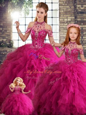 Traditional Fuchsia Lace Up Quinceanera Gowns Beading and Ruffles Sleeveless Floor Length