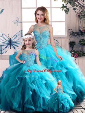 Aqua Blue Scoop Neckline Beading and Ruffles 15 Quinceanera Dress Sleeveless Lace Up