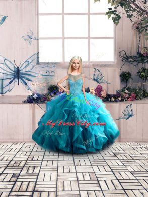 Aqua Blue Scoop Neckline Beading and Ruffles 15 Quinceanera Dress Sleeveless Lace Up