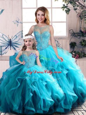 Aqua Blue Scoop Neckline Beading and Ruffles 15 Quinceanera Dress Sleeveless Lace Up