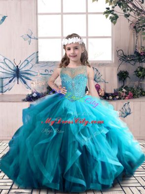 Aqua Blue Scoop Neckline Beading and Ruffles 15 Quinceanera Dress Sleeveless Lace Up