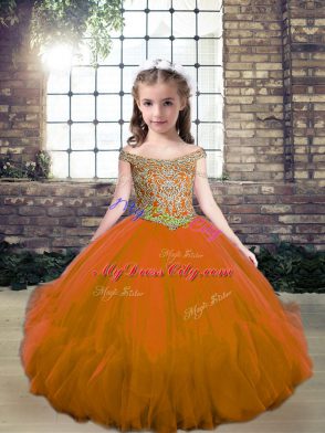 Floor Length Lace Up Girls Pageant Dresses Brown for Party and Wedding Party with Beading
