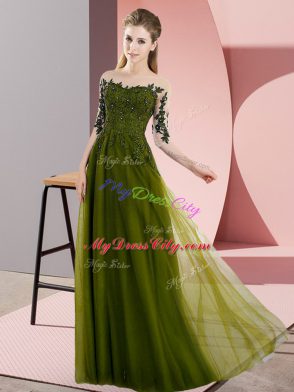 Trendy Half Sleeves Chiffon Floor Length Lace Up Bridesmaid Gown in Olive Green with Beading and Lace